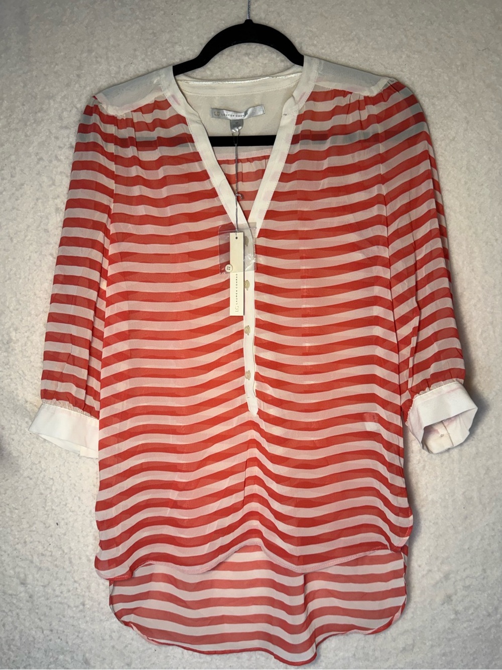 LC Lauren Conrad Coral and White Shear Striped Split‑Neck Blouse